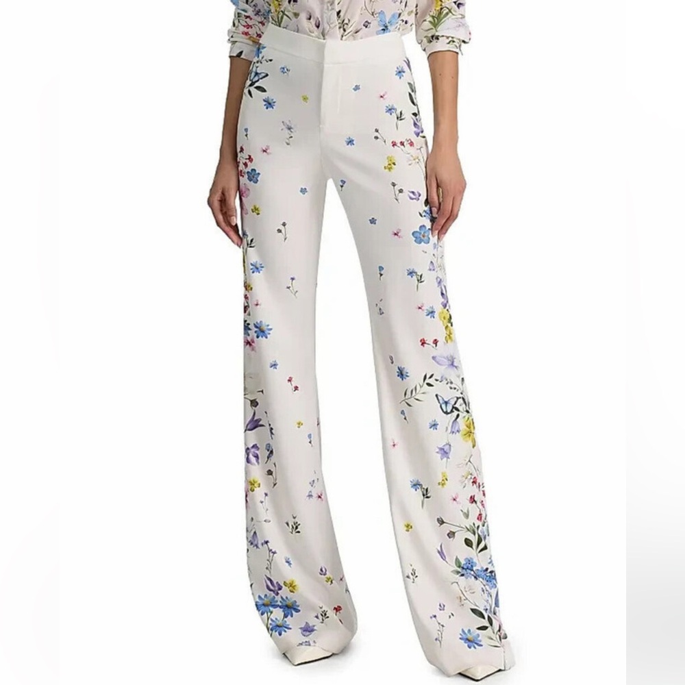 New, Alice + Olivia Andrew Floral Slim Boot-Cut Pants in White multi, SIZE 10